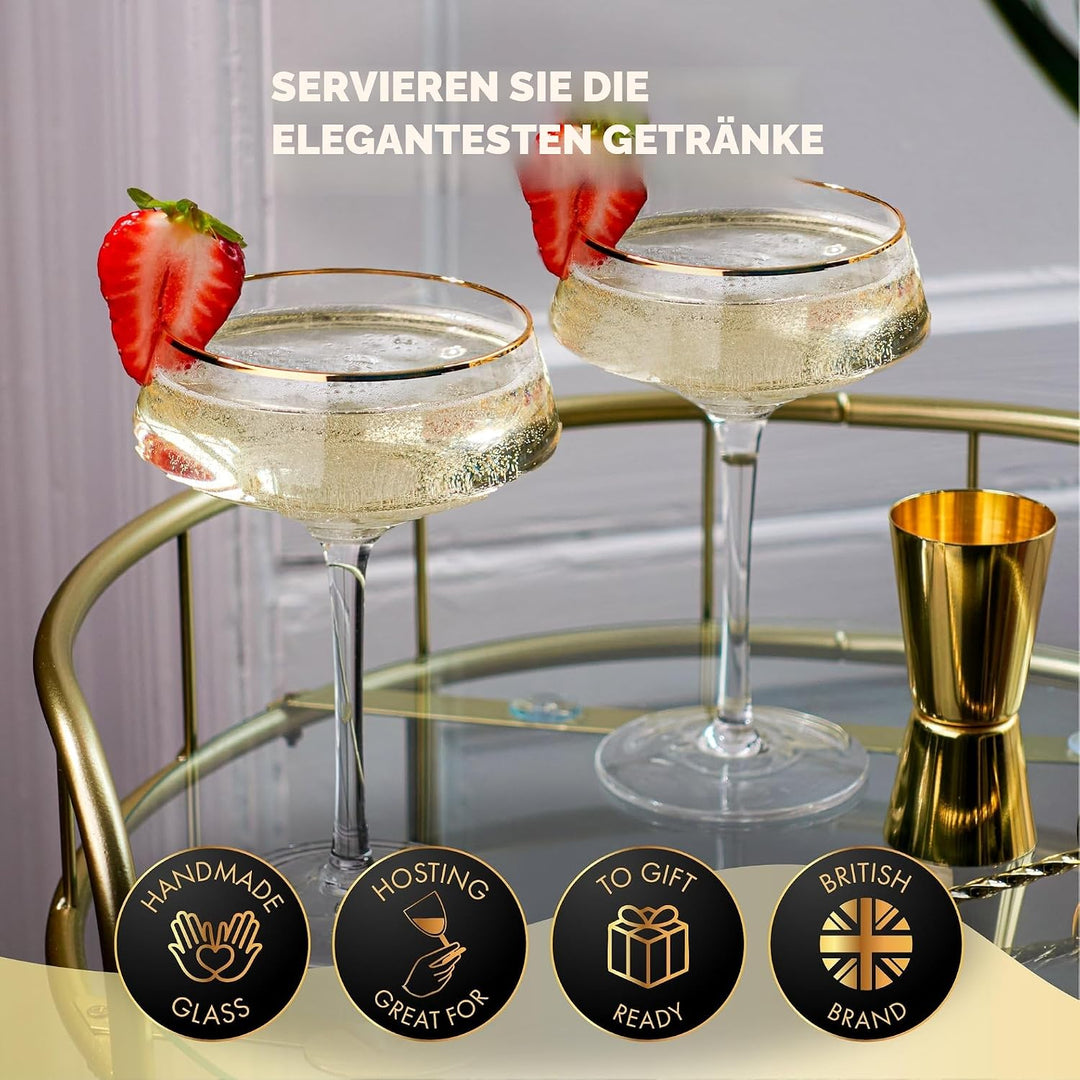 Luxus Martini Gläser Cocktailgläser Set von 4 mit Gold Rändern | Inklusive Gold Cocktail Löffel, Aus