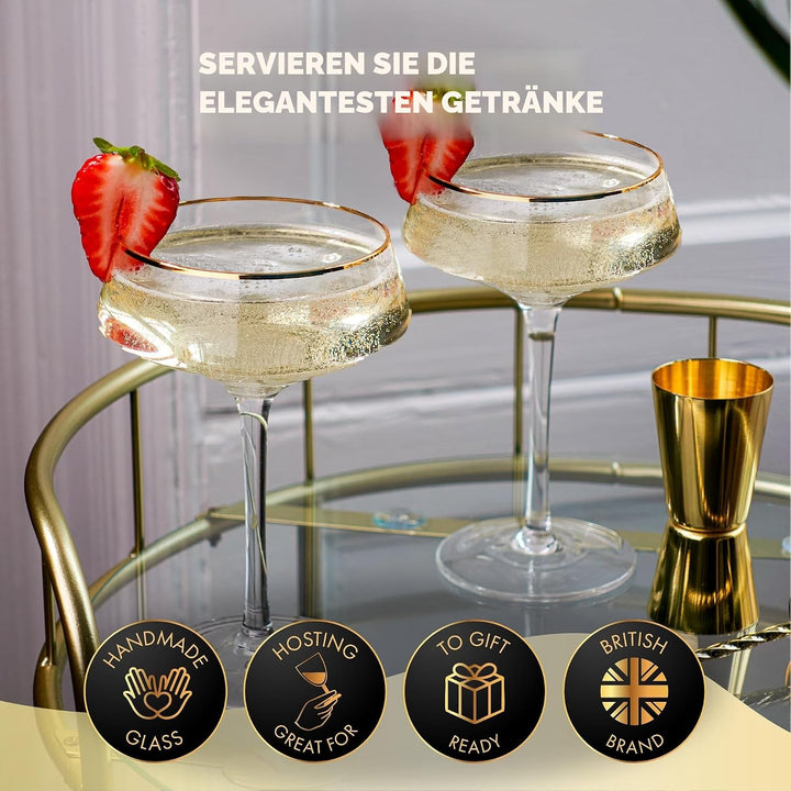Luxus Martini Gläser Cocktailgläser Set von 4 mit Gold Rändern | Inklusive Gold Cocktail Löffel, Aus