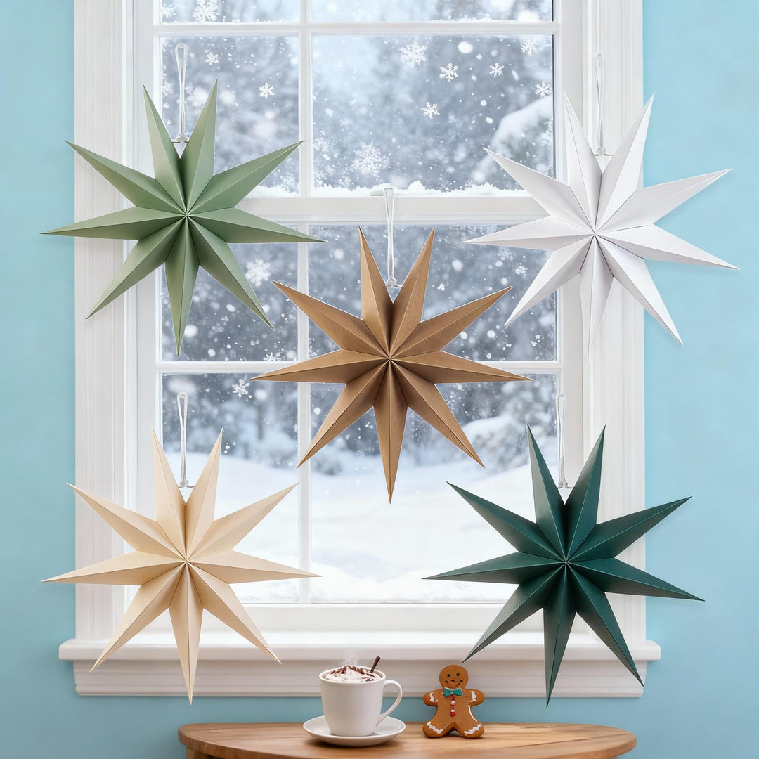 Papiersterne Weihnachten 5er Set, Kizozo Papiersterne zum aufhängen, Weihnachtsdeko Outdoor Innen Fe