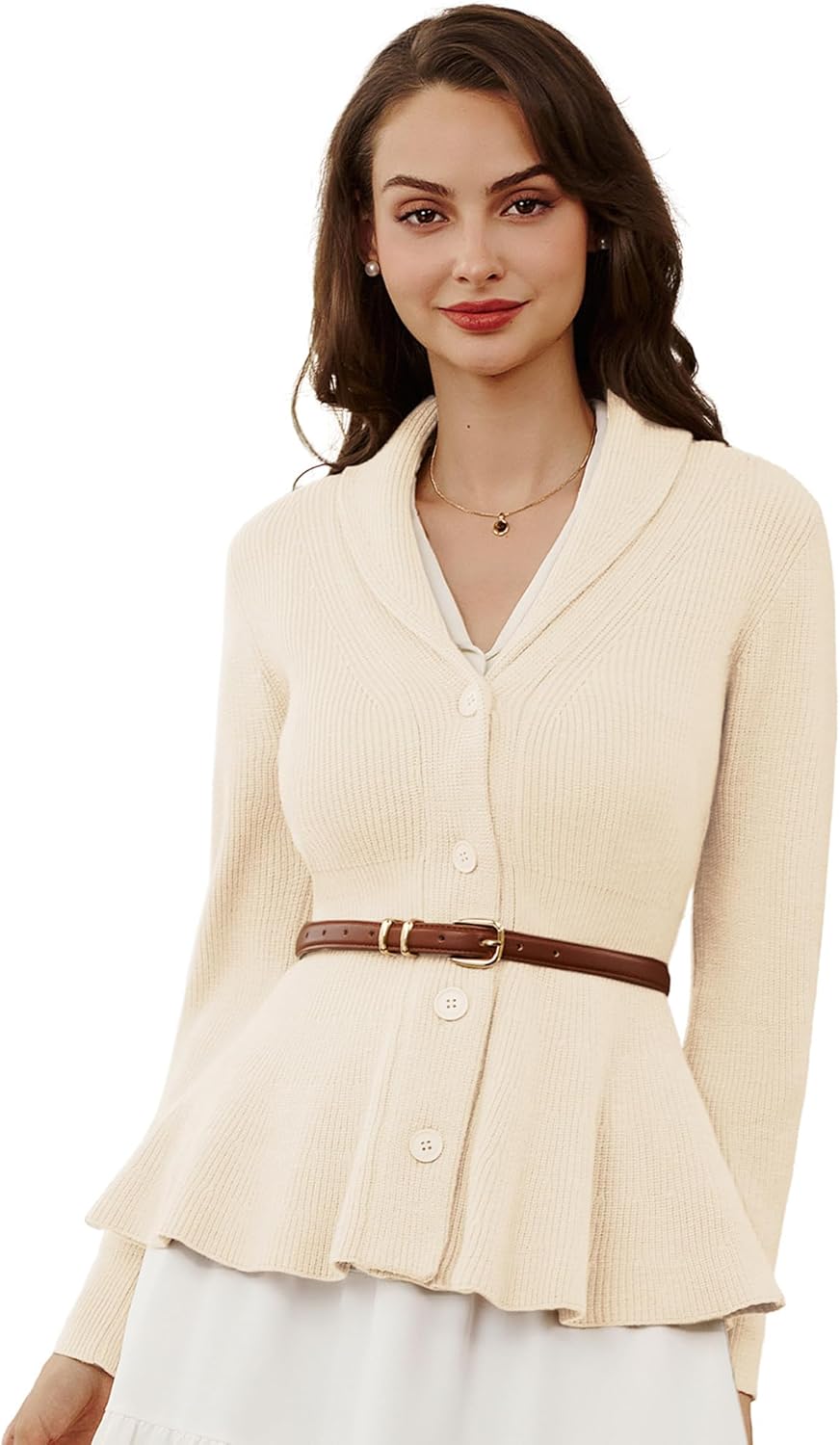 Belle Poque Damen Strickjacke Langarm Reverskragen Cardigan mit Rüschensaum Casual Strickmantel XL E