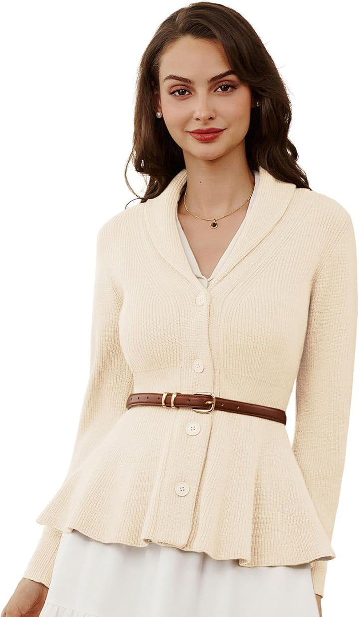 Belle Poque Damen Strickjacke Langarm Reverskragen Cardigan mit Rüschensaum Casual Strickmantel XL E
