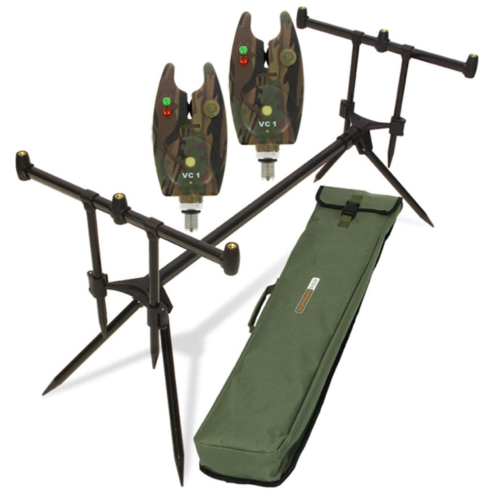 G8DS® Set Rod Pod Rutenhalter + Tragetasche inklusive 2 Bissanzeiger mit Lautstärkeregler für + LED