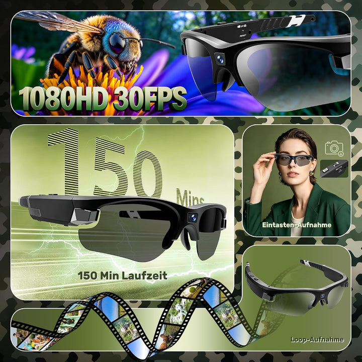 Smart Glasses mit Kamera,1080P Brille mit Kamera,Mini Action Cam