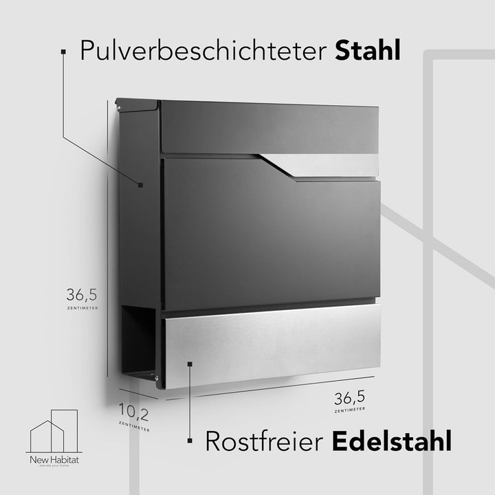 Moderner Briefkasten Personalisierbar Manhattan Anthrazit RAL7016 - mit Zeitungsfach - Wandbriefkast