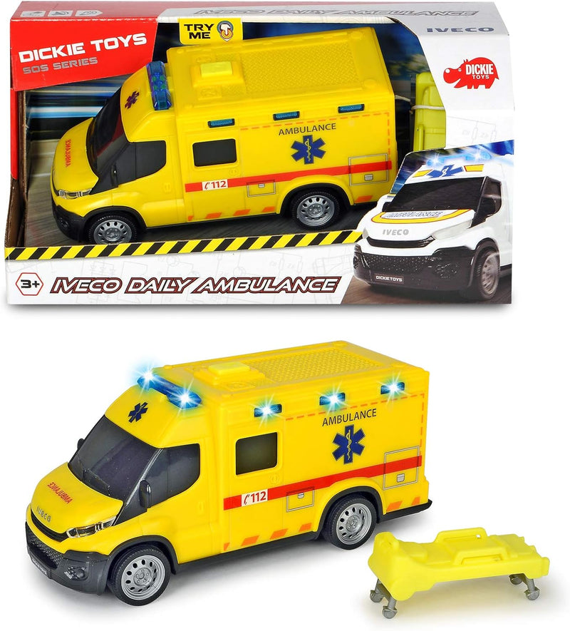 Dickie Toys 203713012014 - SOS Belgische Ambulance Iveco, 1-32, Spielzeugauto mit Freilauf, Licht un