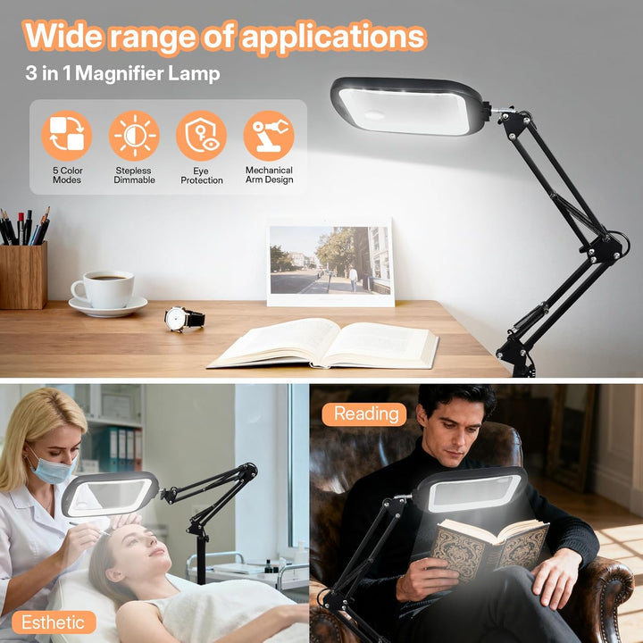 10X 30X Standlupe mit Licht und Ständer, 3 in 1 Lupenlampe mit 60 LED, Rechteckige Klappbarer Arm Lu