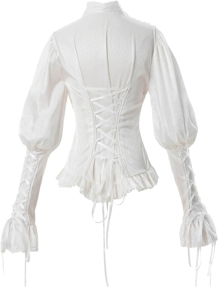 Damen Viktorianisch Bluse Vintage Schleifenhemd Stehkragen mit Ruff Langarmshirt Mittelalter Bluse 3