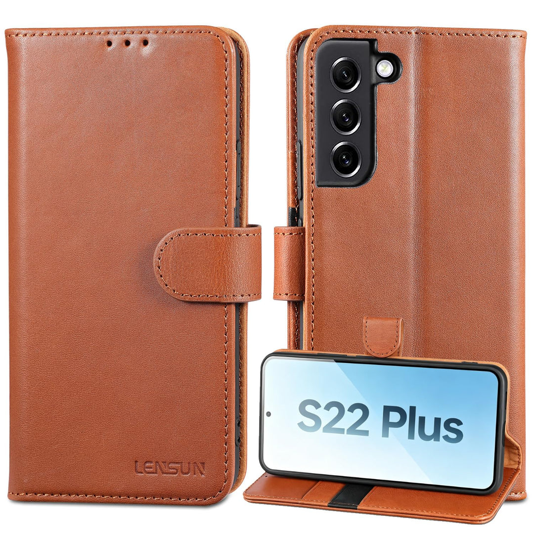 LENSUN Echtleder Hülle für Samsung Galaxy S22 Plus, Handyhülle [Echtes Leder][Magnetverschluss][RFID