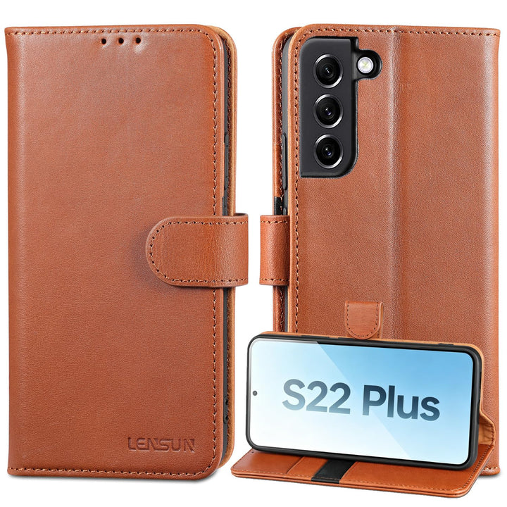 LENSUN Echtleder Hülle für Samsung Galaxy S22 Plus, Handyhülle [Echtes Leder][Magnetverschluss][RFID