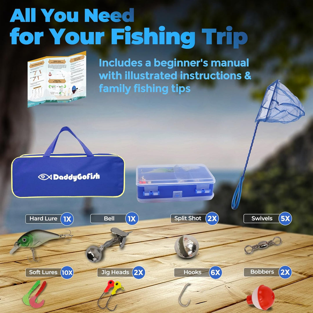 DaddyGoFish Angelset für Kinder mit Rute und Rolle, Angelausrüstung und Zubehör – Angel-Kombi für Ju