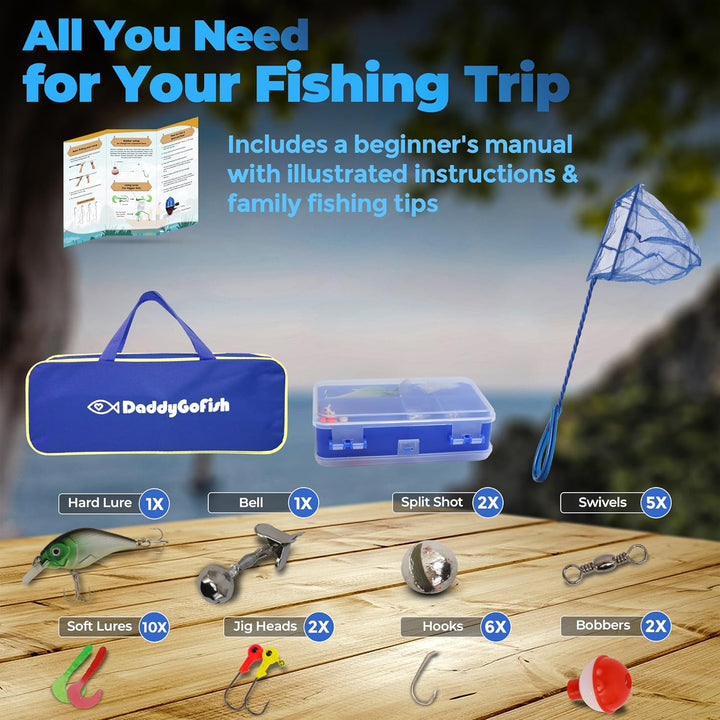 DaddyGoFish Angelset für Kinder mit Rute und Rolle, Angelausrüstung und Zubehör – Angel-Kombi für Ju