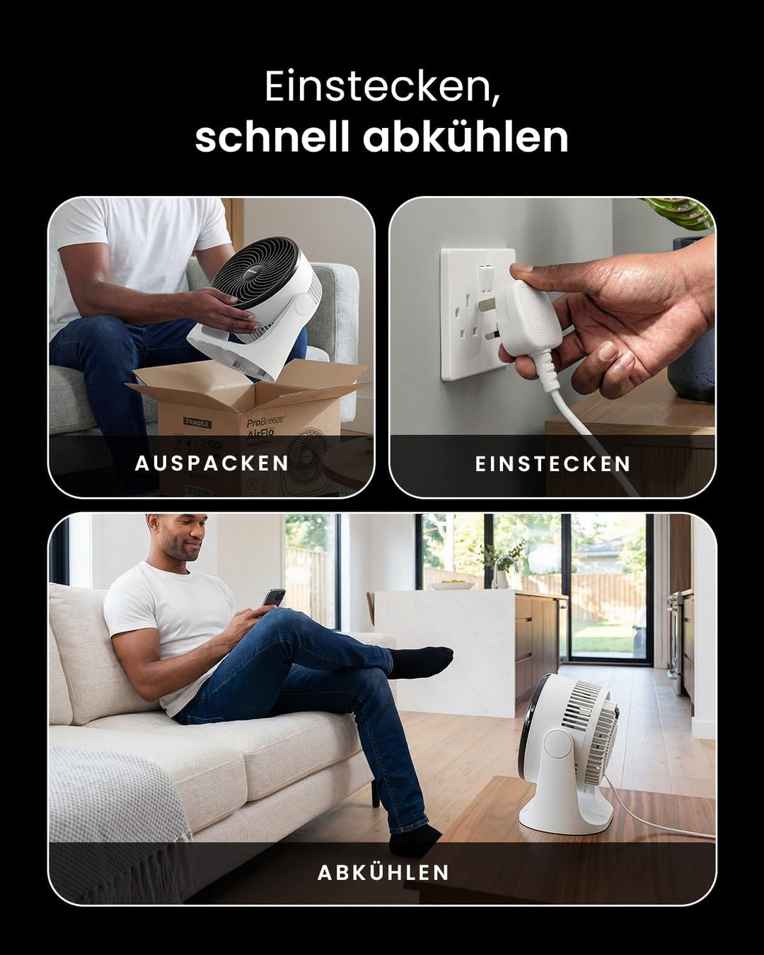 Pro Breeze AirFlo Mini Tischventilator – Leiser Turbo Ventilator mit 3 Stufen, 90° Neigung und kraft