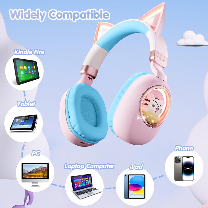 Kinder Kopfhörer mit Katzenohren, Bluetooth 5.4 Over-Ear Noise Cancelling Kopfhörer mit Mikrofon, LE