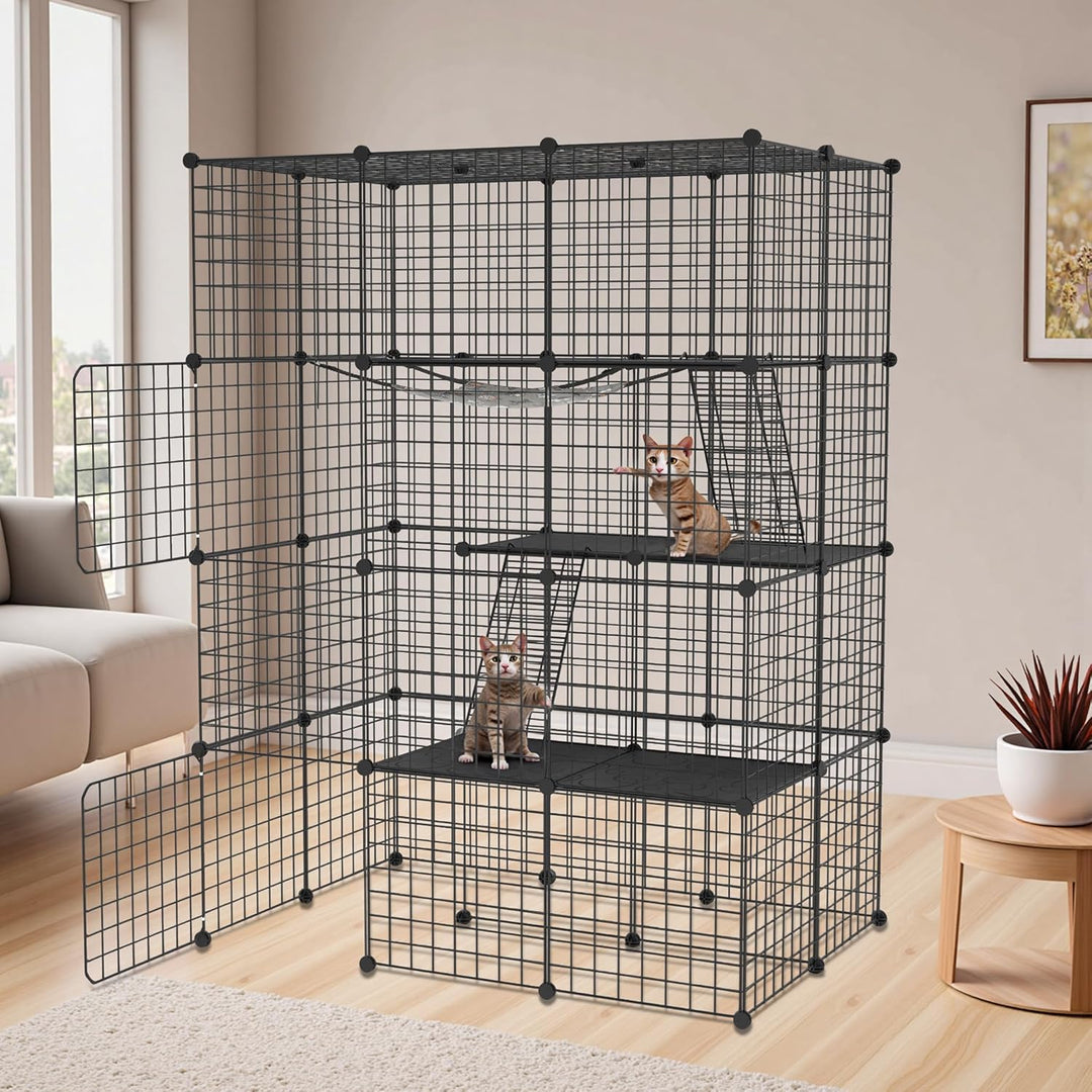 Aufun Grosser Katzenkäfig 4 Ebene aus Metall mit 2 Leitern DIY Katzenlaufstall Zusammenklappbarer Ka