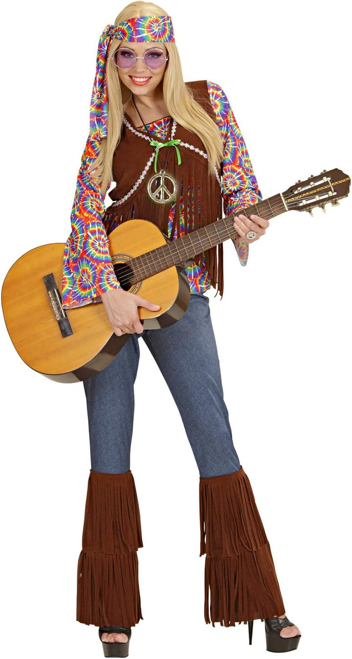 "PSYCHEDELIC HIPPIE WOMAN" (shirt with vest, pants, headband, necklace) - (L), L
