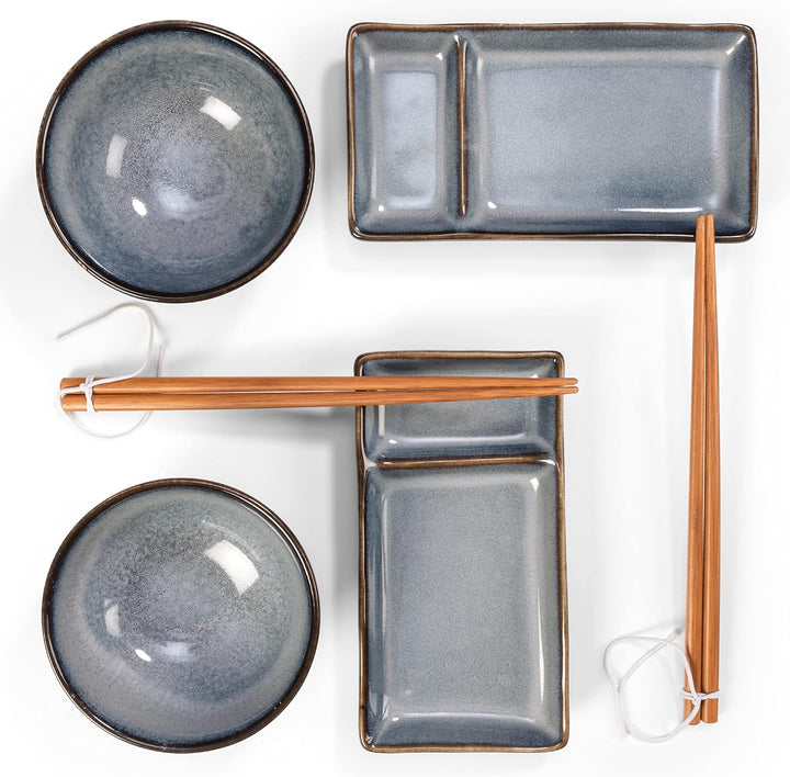Sushi Geschirr set "Misaki" Graublau für 2 Person, Sushi Set Japanischer Geschirr für Miso Suppe Mak