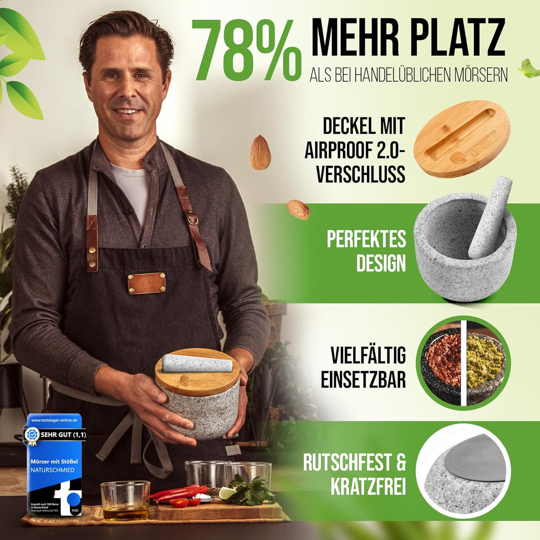 NATURSCHMIED Mörser mit Stössel & Deckel - AirProof 2.0 Verschluss + SolidStand Pad | 750 ml - Hellg