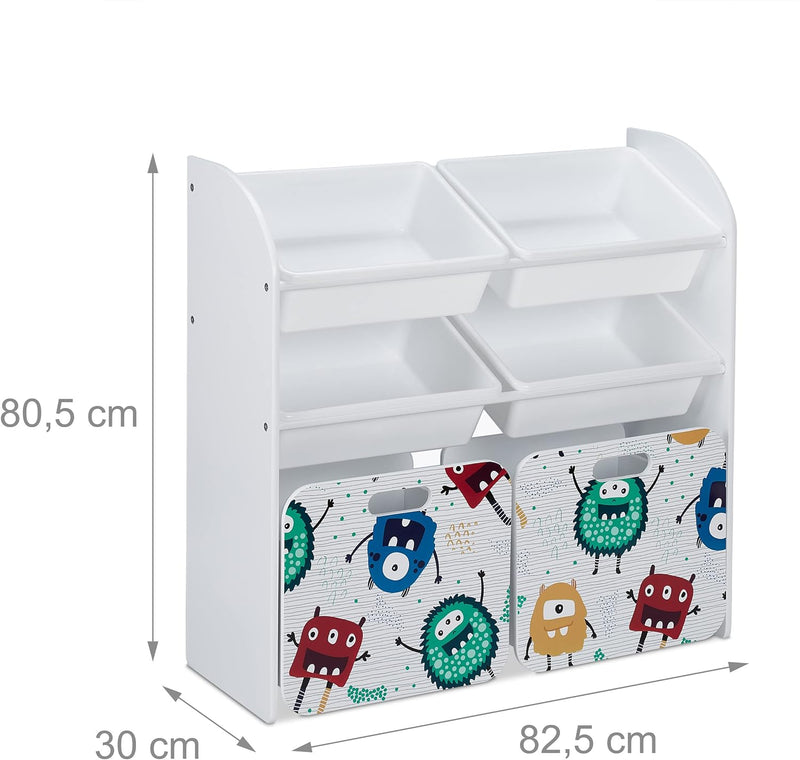 Relaxdays Kinderregal mit 6 Boxen, Monster-Design, 2 Kisten mit Rollen, HBT: 80,5x82,5x30 cm, Regal