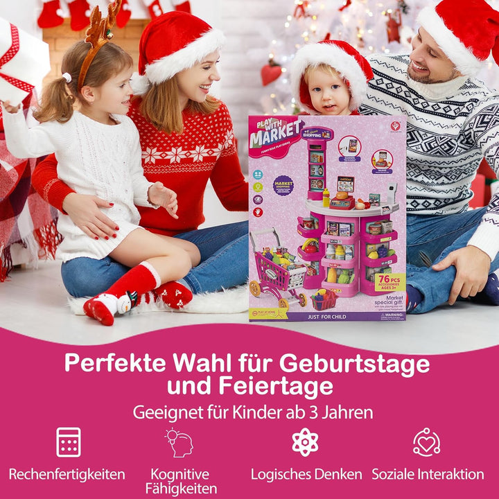 COSTWAY Kaufladen mit Einkaufswagen, Kinder Kaufmannsladen mit Waage, Regalen, Scanner mit Licht & S