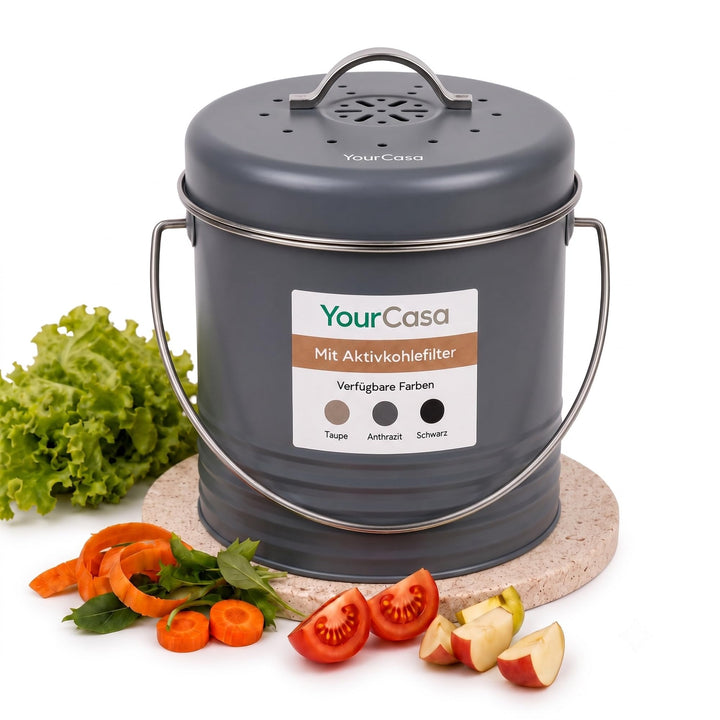 YourCasa Biomülleimer Küche 4L aus Metall [Kora] - geruchsdichter Bio Mülleimer mit Deckel &amp; Aktivko