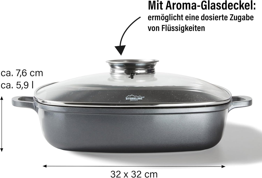 STONELINE Servierpfanne Eckig 32 cm, Eckige Pfanne Induktion mit Deckel, Aroma Funktion, Aluguss, An