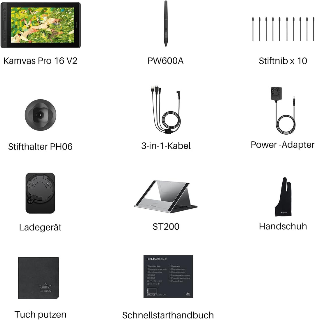 HUION Kamvas Pro 16 V2 Grafiktablett mit Display, 15,6 Zoll Volllaminiertes AG-Glas, 16384 Stiftdruc