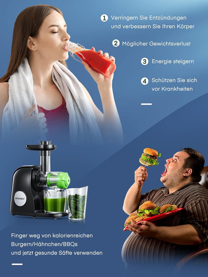 HOUSNAT Slow Juicer, Entsafter Gemüse und Obst, Profi Entsafter mit Ruhigem Motor │ Umkehrfunktion │