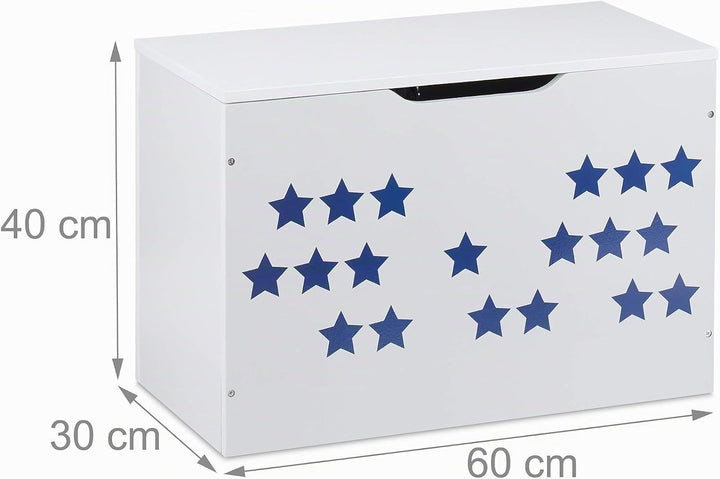 Relaxdays, weiss/blau Spielzeugtruhe mit Deckel, Aufbewahrung für Kinder, Stern Design, Spielzeugkis