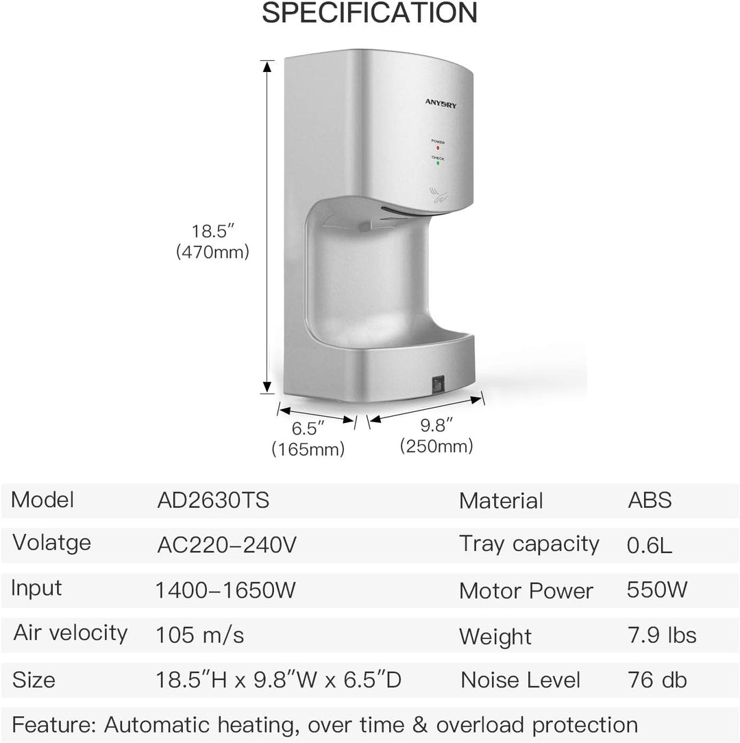 anydry 2630TS Automatischer Händetrockner Elektrisch Für Wandmontage,Mit Ablaufwanne,ABS