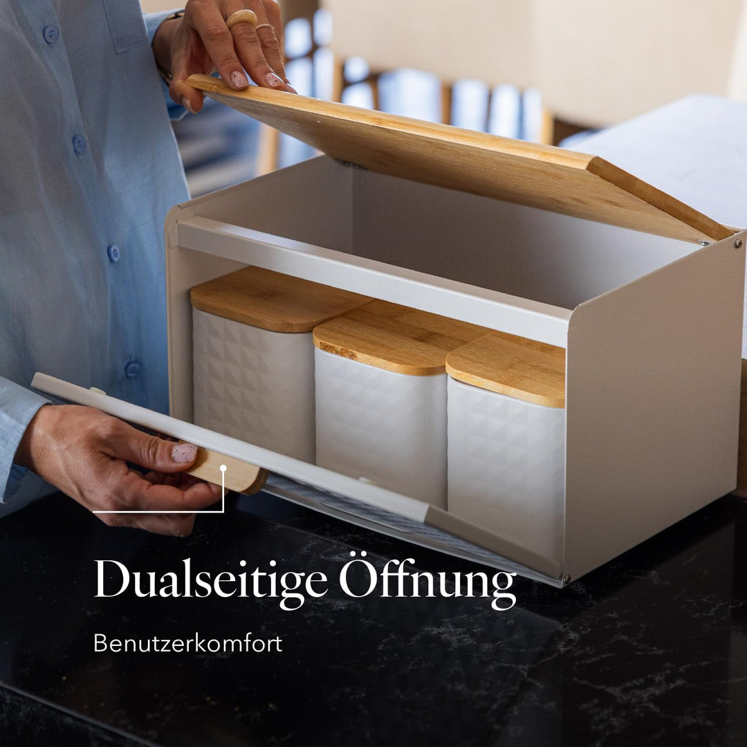 FLORINA Brotkasten inkl. 3-er-Set Aufbewahrungsdosen CUBE I Brotbox aus Stahl und Bambus-Deckel I Ge