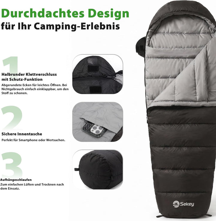 Sekey Schlafsack Erwachsene, 0,9 kg/ 1,7 kg Mumienschlafsack mit Anti-Klemm-Reissverschluss, Wassera