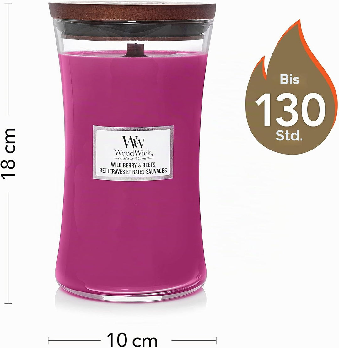 Grosse WoodWick Duftkerze im Sanduhrglas mit knisterndem Docht |Wild Berry &amp; Beets | bis zu 130 Stun
