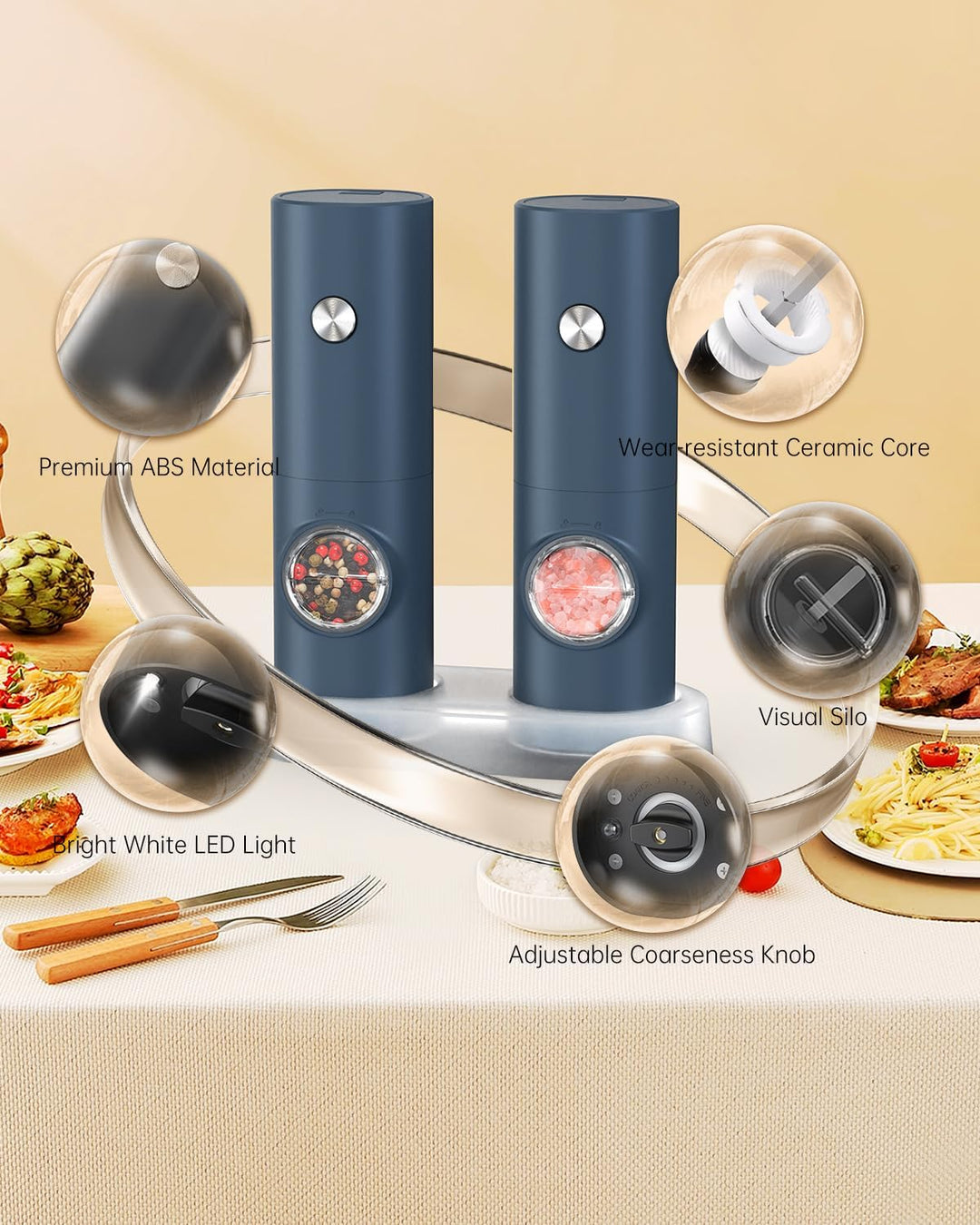 CIRCLE JOY Salz und Pfeffermühlen Elektrische 2er Set Batteriebetriebenen Gewürzmühle mit Basis, Wei