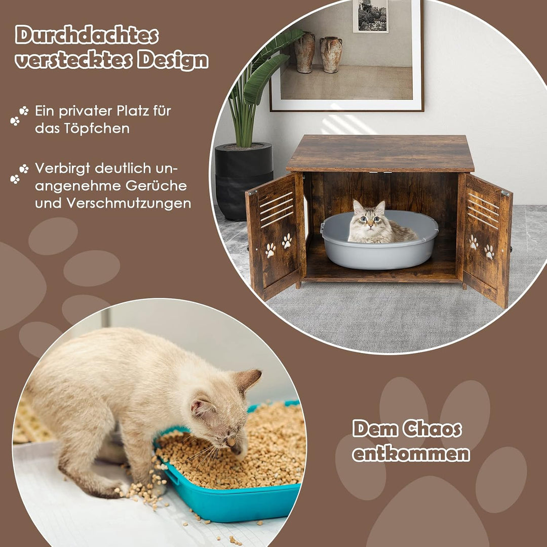 GOPLUS Katzenschrank, Katzentoilette mit seitlichem Eingang, 2 Türen, 2 in 1 Katzenhaus und Couchtis