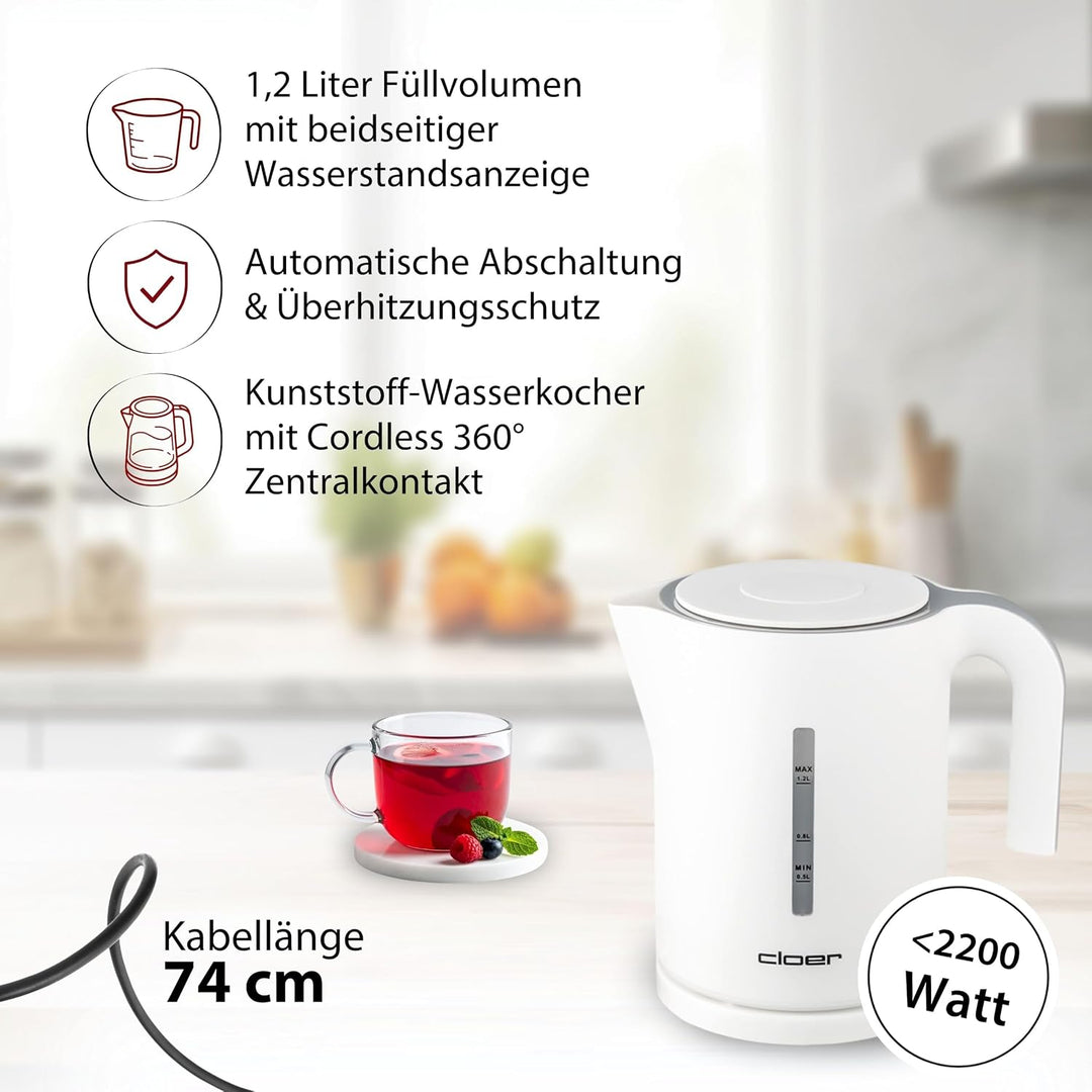 Cloer 4121 Wasserkocher, 2200 W, grosse Wasserstandsanzeige, Trockengeh- und Überhitzungsschutz, 1,2