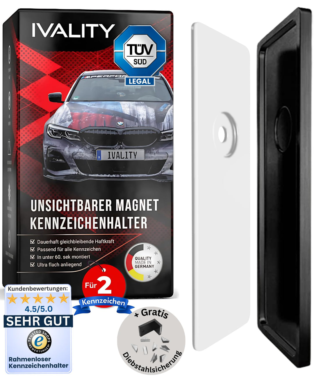 IVALITY® Magnet Kennzeichenhalter Rahmenlos für 2 Kennzeichen | Magnetische Nummernschildhalterung A