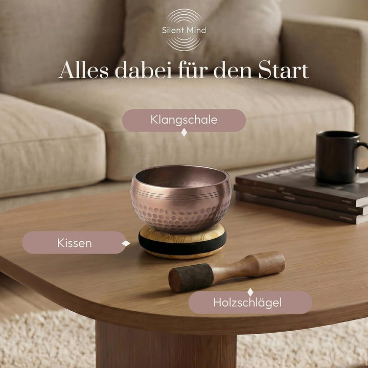 Silent Mind Klangschale Ø9cm Bronze – Handgefertigtes Komplett-Set mit Kissen und Klöppel, für Anfän