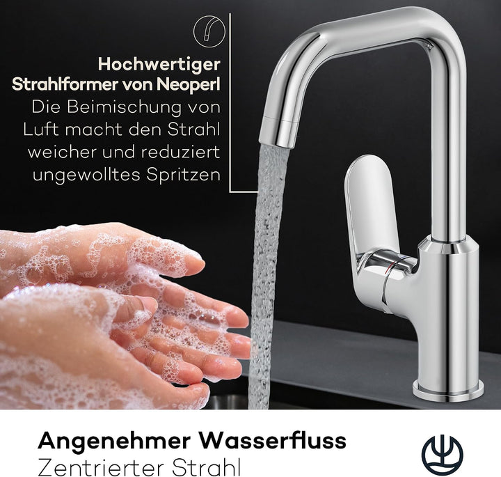 KLUDI-X1 Waschtischarmatur, 360° schwenkbar, Auslaufhöhe 205 mm, wassersparender Wasserhahn Bad Grös