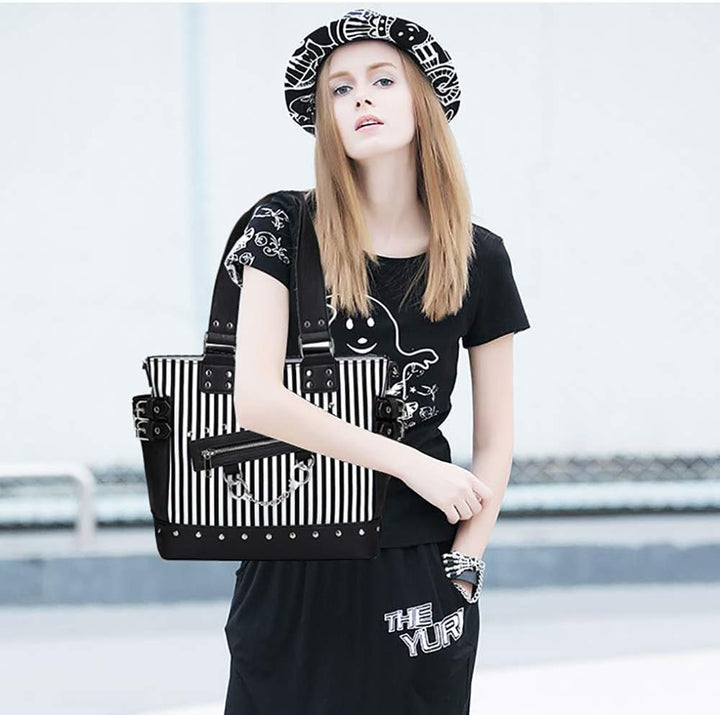 KEEPOP Damenmode Niet Handtasche Geldbörse Canvas Punk Tote mit Schultergurt Umhängetasche Grosse Ka