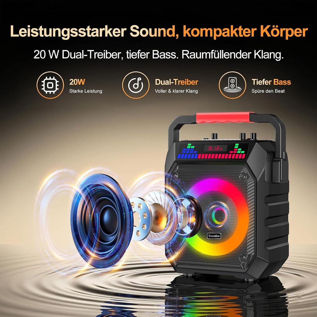 Karaoke Maschine mit 2 Mikrofone, Tragbaren Bluetooth Lautsprecher Box für Erwachsene/Kinder mit Lic