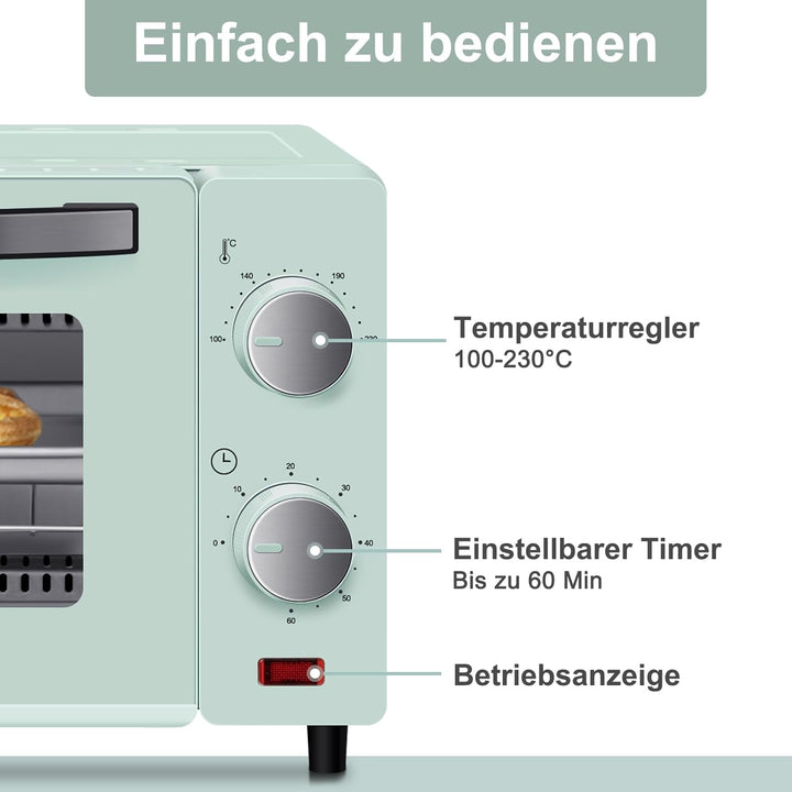 WANNYTON Minibackofen, Backofen 10 L, 650 Watt, 100-230 °C Timer 0-60 Min. inkl. Backblech Grillrost