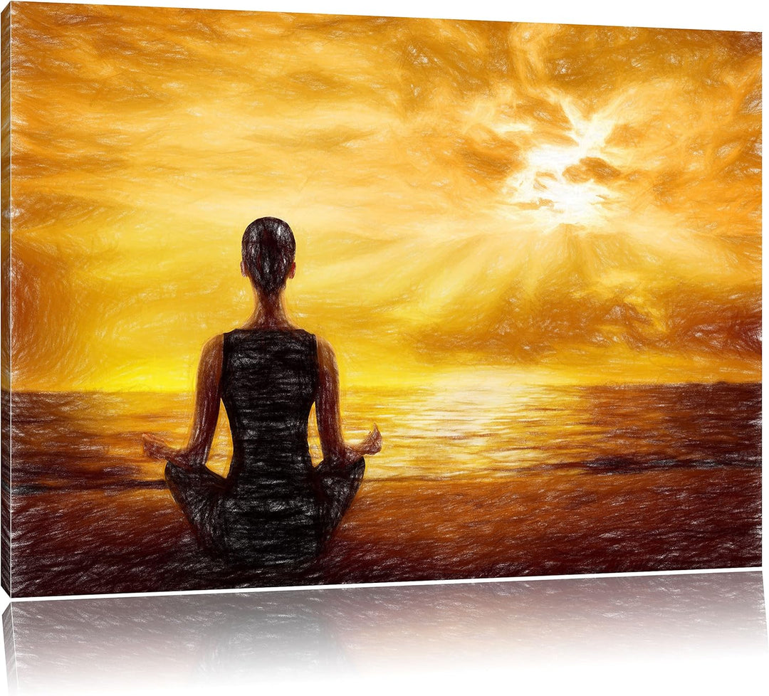 Pixxprint Frau meditiert bei Sonnenaufgang am Strand Kunst Buntstift Effekt, Format: 100x70 auf Lein