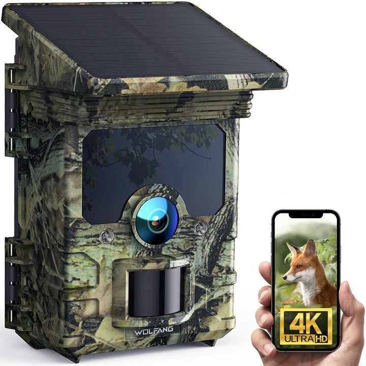 WOLFANG Wildkamera, 4K Solar Video Wildtierkamera, 68MP Full HD WLAN mit Handyübertragung APP, Beweg