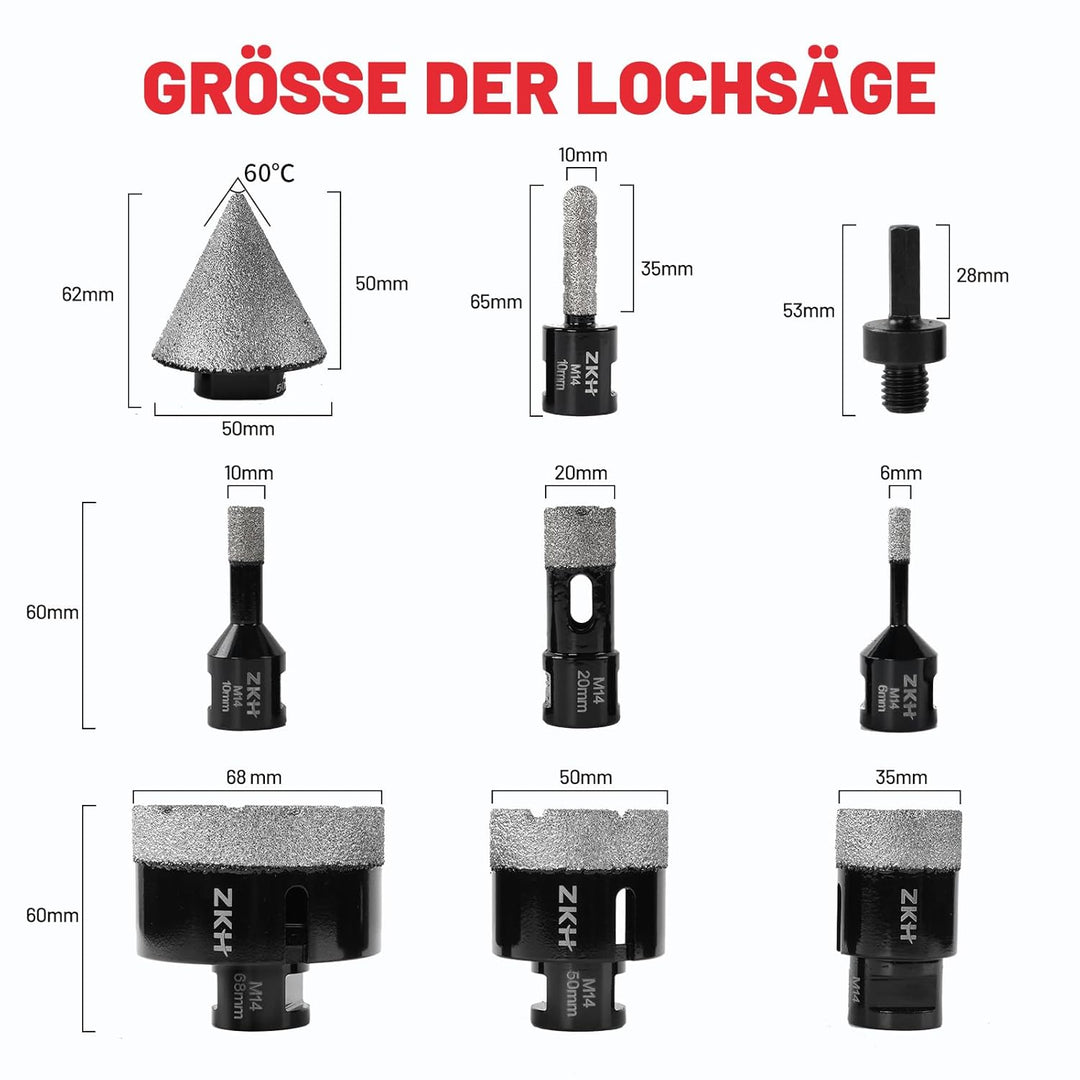 ZKH Diamant Fliesenbohrer Set 9 Stücke, 6/10/20/35/50/68mm Diamantbohrer &10mm Diamant Fingerfräser