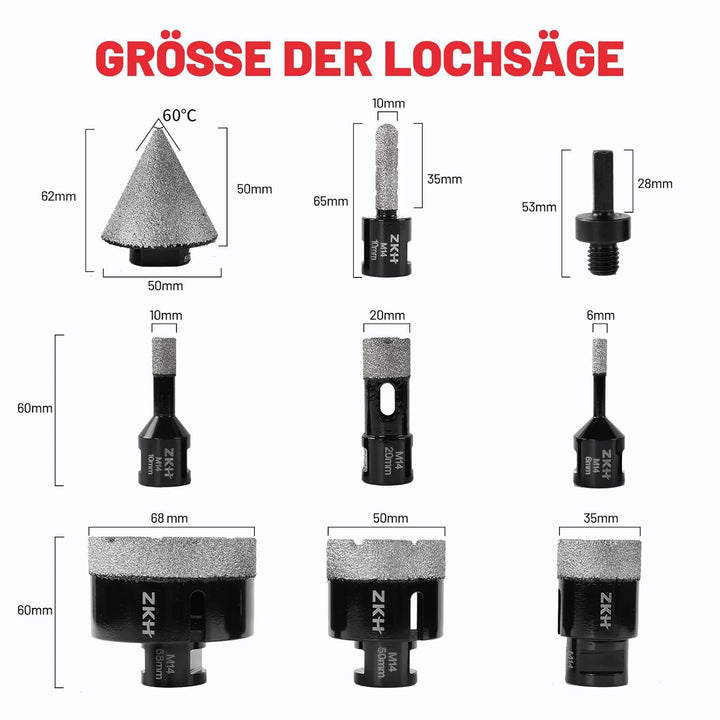 ZKH Diamant Fliesenbohrer Set 9 Stücke, 6/10/20/35/50/68mm Diamantbohrer &10mm Diamant Fingerfräser