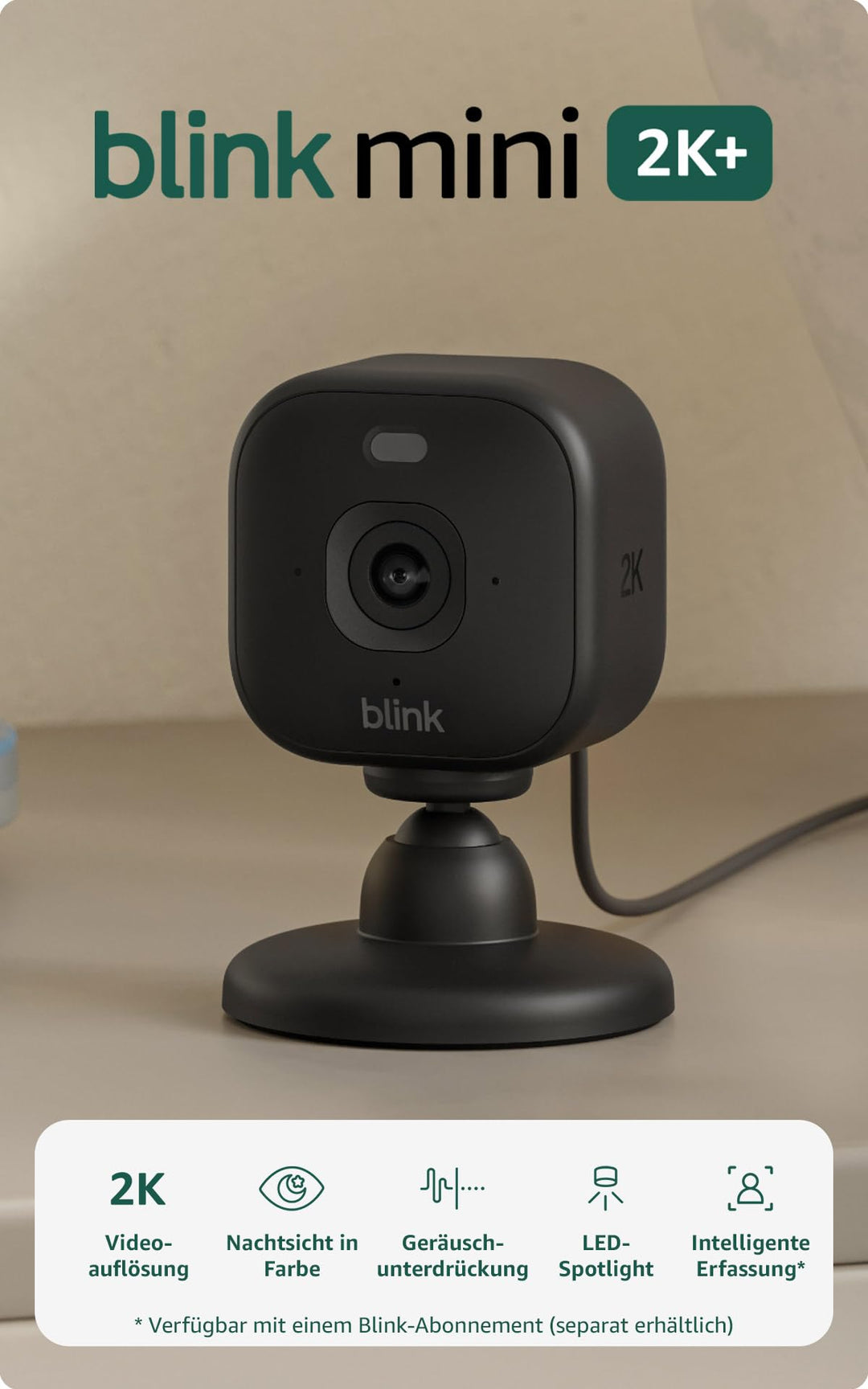 Blink Mini 2K+ (neueste Generation) | Sicherheitskamera mit Netzstecker für zuhause | 2K-Videoauflös