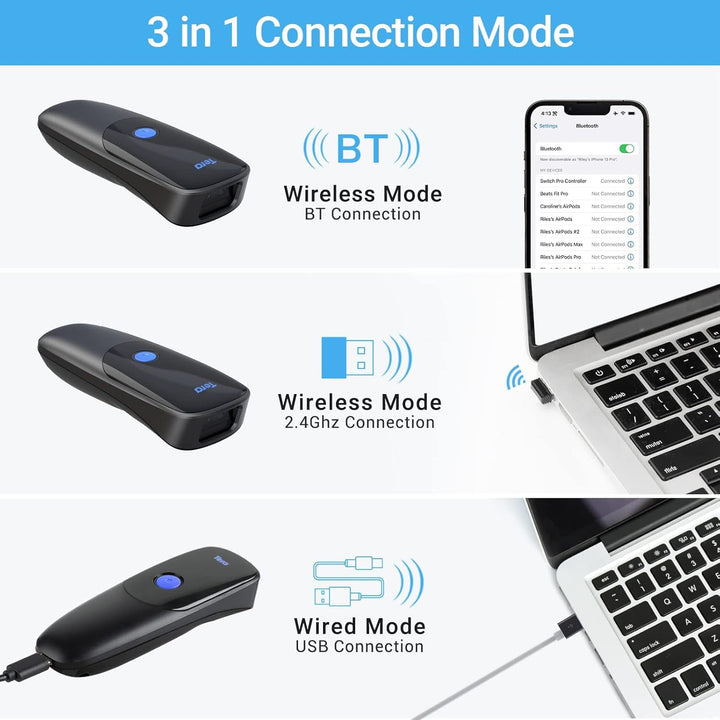 Tera Pro Series 2D QR 3-in-1 Portable Mini Barcode Scanner Bluetooth & USB Cable & 2.4G Wireless wit