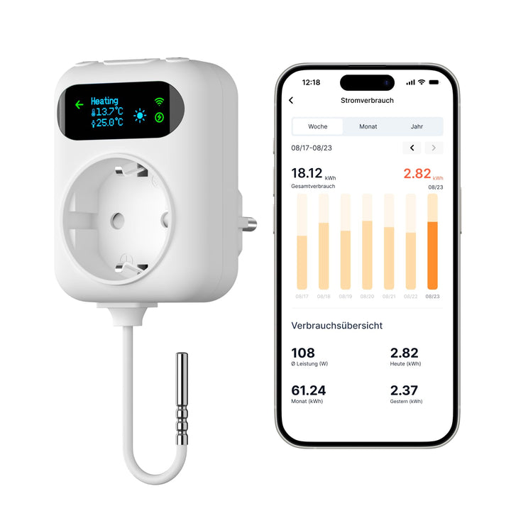 WLAN-Steckdosenthermostat mit Energiemessung, Heiz- und Kühlmodus,