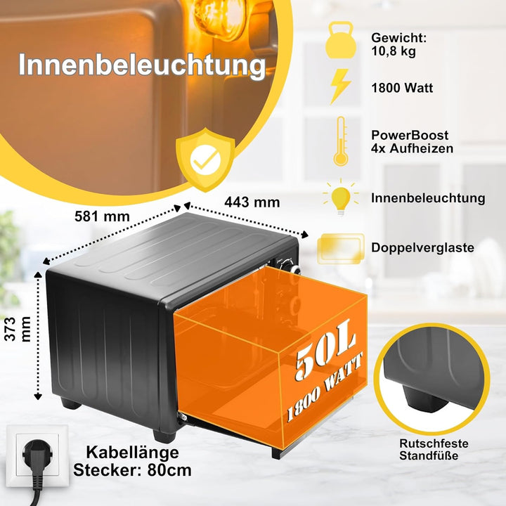 ICQN 50L Minibackofen mit Umluft, 1800 W, Innenbeleuchtung, 5 Kochfunktionen, 60 Min Timer, inkl. Ba