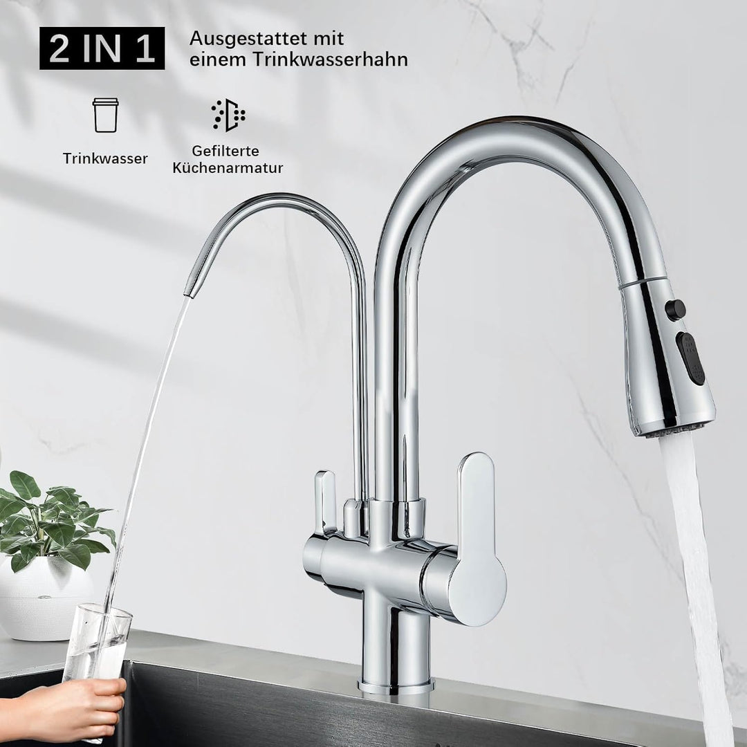 Onyzpily Wasserhahn Küche Reines Wasser Küchenarmatur mit ausziehbar Doppelgriff Heisses und kaltes